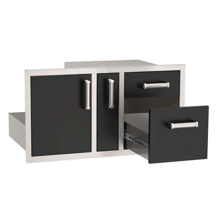 Fire Magic Echelon Black Access Door w/ Platter Storage & Double Drawer shown in open doors