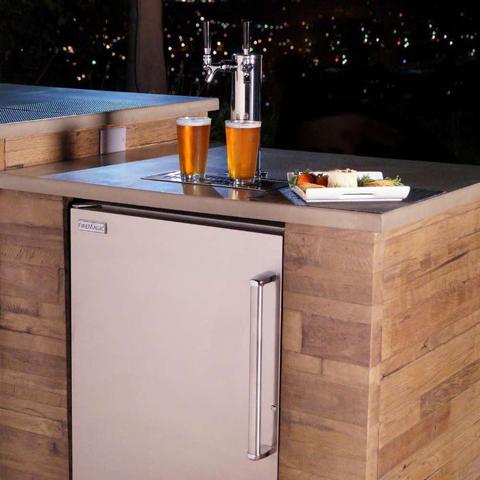 Fire Magic Outdoor Rated Kegerator left hinge with closed door assist with lock and key system ensures your beverage to stay cool and secure.