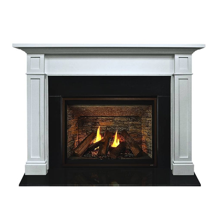 Fireside Finishings Arcadia Primed MDF Flush Wood Mantel sits above a firebox lifestyle