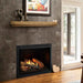 Fireside finishings Crosby Provincial Wood Mantel Shelf installed above a gas fireplace in a cozy living room.