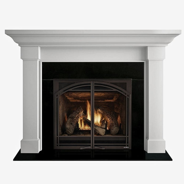 Fireside Finishings Kenwood Primed MDF Flush Wood Mantel sit above a firebox with absolute black granite lifestyle