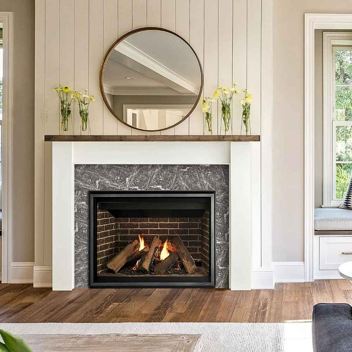 Fireside Finishings Laurel Ebony installed above a gas fireplace in a inviting living room.