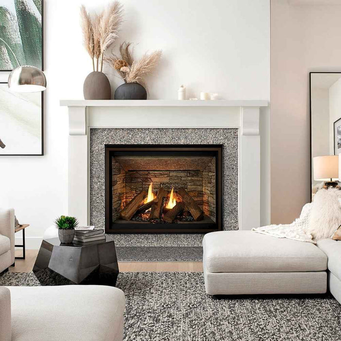 Fireside Finishings Merritt Flush Wood Mantel installed above a gas fireplace in an inviting guess room.