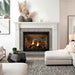 Fireside Finishings Merritt Flush Wood Mantel installed above a gas fireplace in an inviting guess room.