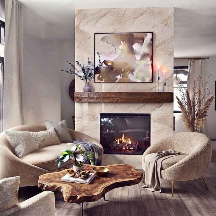 Fireside finishings tavern brown traditional non-combustible mantel shelf installed above a gas fireplace in a warm-toned contemporary living room.