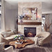 Fireside finishings tavern brown traditional non-combustible mantel shelf installed above a gas fireplace in a warm-toned contemporary living room.