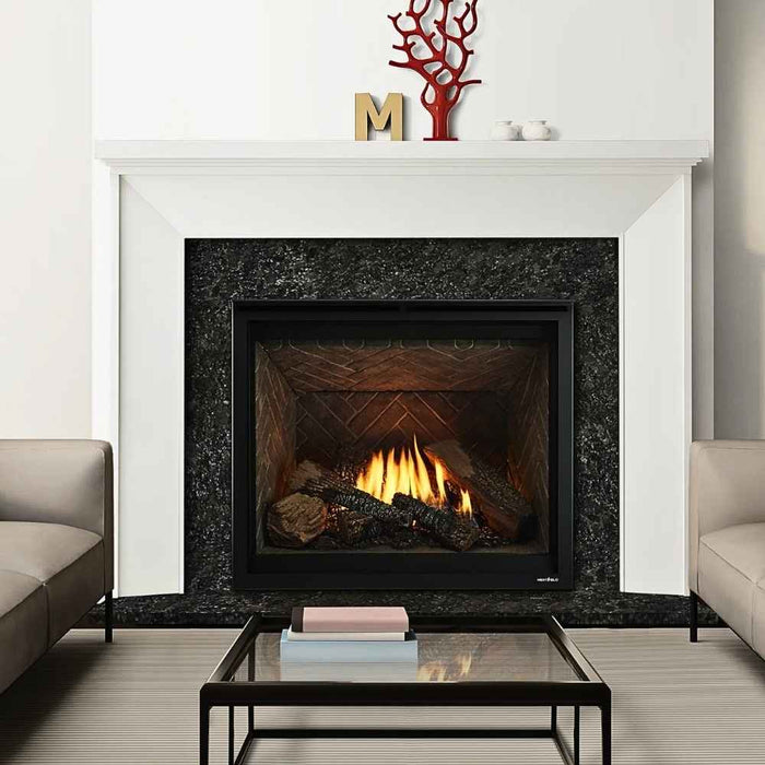 Fireside Finishings Walker Flush Wood Mantel Transitional Style with Steel Gray Granite leathered Surface Stone Surround