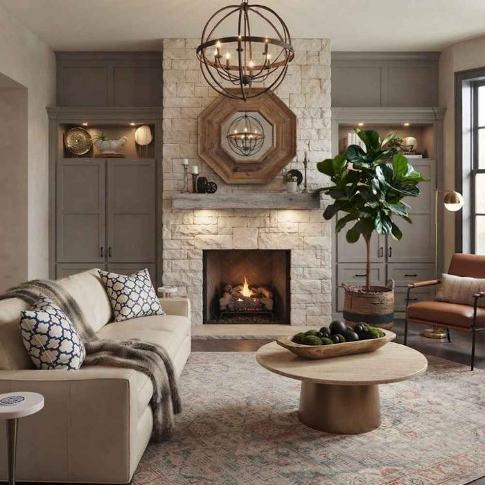 Fireside finishings washed cedar traditional non-combustible mantel shelf installed above a fireplace in a cozy, traditionally designed living room.