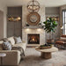 Fireside finishings washed cedar traditional non-combustible mantel shelf installed above a fireplace in a cozy, traditionally designed living room.