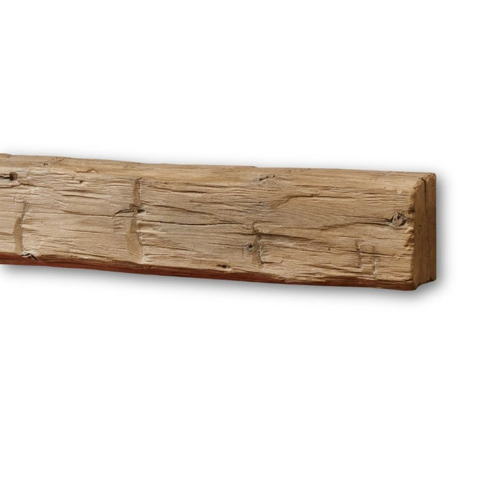 Fireside finishings weathered barnwood traditional non combustible mantel shelf in a plain white background.