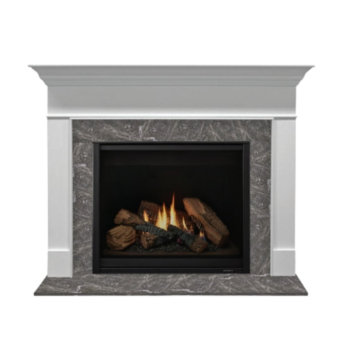 Fireside finishings wescott flush wood mantel installed together with fireside finishings blue tundra marble.