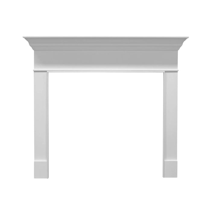 Fireside finishings wescott flush wood mantel in a white bckground.