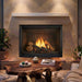 Fireside finishings white modern non-combustible mantel shelf installed above a gas fireplace in a warm-toned living room.