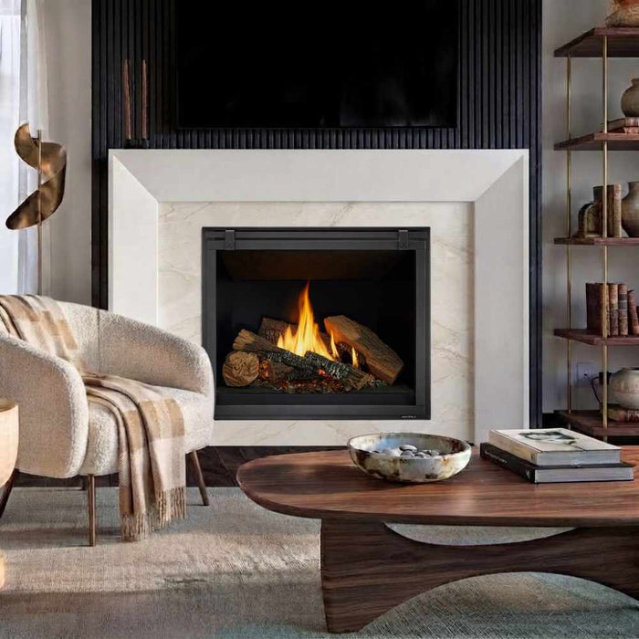 Modern gas fireplace with white marble surround and zimmer flush wood mantel installed in a contemporary living room.