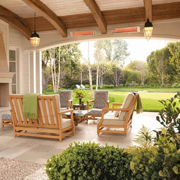 Infratech WD-Series dual-element electric patio heaters installed along the archway header of a covered patio