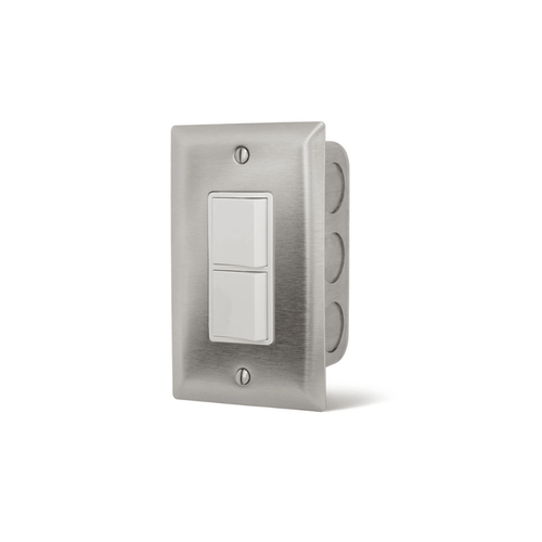 Single configuration Infratech duplex/stack switch assembly flush mount with SS wall plate and gang box 