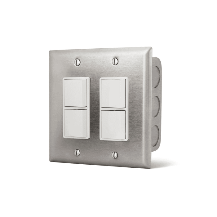 Dual configuration Infratech duplex/stack switch assembly flush mount with SS wall plate and gang box