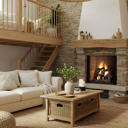 Majestic Ashland Wood Burning Fireplace With Traditional Masonry Bron Brick Interior Panels And Grand Oak Installed At Living Room