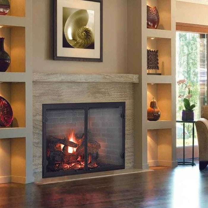 Majestic biltmore wood burning fireplace installed with grand vista mesh cabinet door