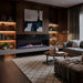 Monessen Artisan 72 inch IFT 2.0 vent free linear gas fireplace with fire glass media and driftwood log set installed in a modern luxury living room.