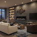 Monessen Artisan 72 inch IFT 2.0 vent free linear gas fireplace with Veined Copper front and sapphire crushed glass media installed in a modern luxury living room.
