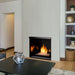 Monessen Lyric contemporary vent-free gas burner with diamond fire glass inside a black recessed firebox on a white tiled wall.
