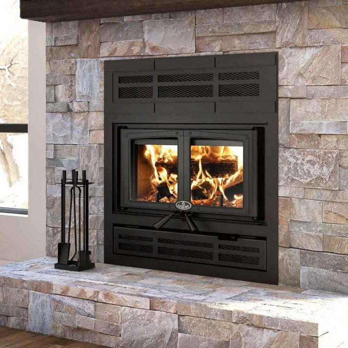 Osburn everest III high efficiency wood burning fireplace with modern faceplate and black door overlay
