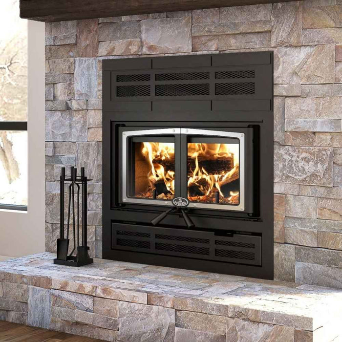 Osburn Everest III high efficiency wood burning fireplace with modern faceplate and brushed nickel door overlay
