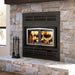 Osburn Everest III high efficiency wood burning fireplace with modern faceplate and brushed nickel door overlay
