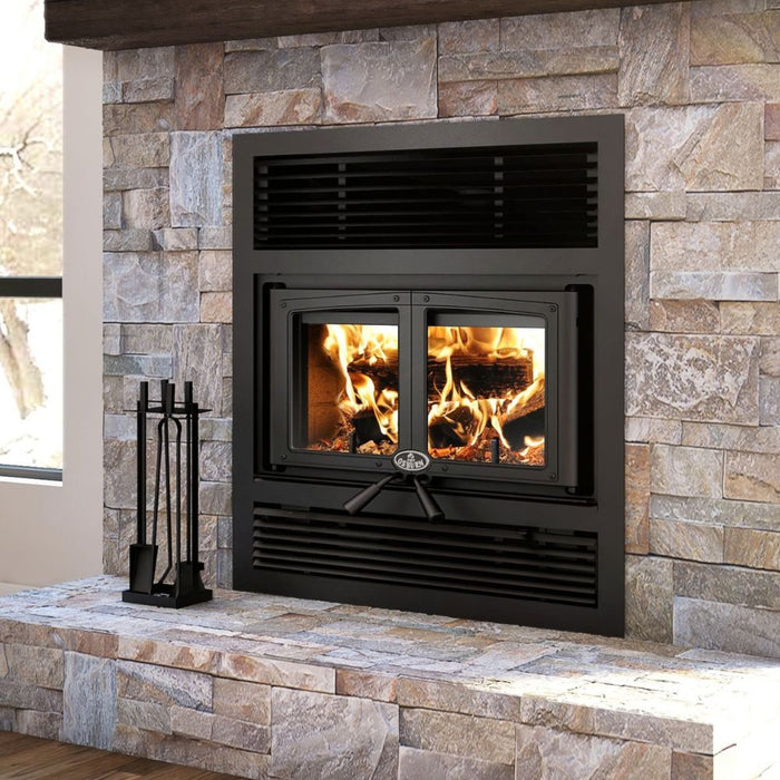 Osburn everest III high efficiency wood burning fireplace with traditional faceplate and black door overlay