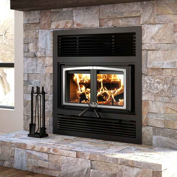 Osburn everest III high efficiency wood burning fireplace with traditional faceplate and brushed nickel door overlay
