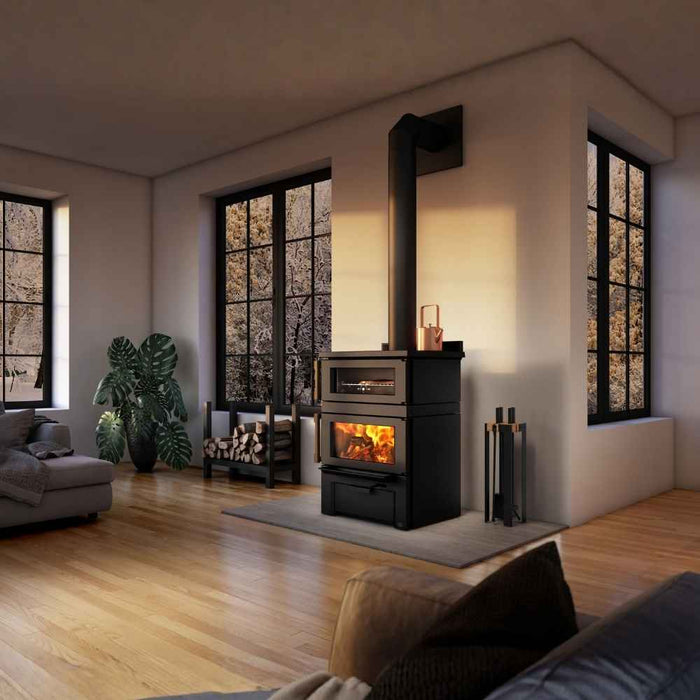 Osburn Gusto wood burning cookstove with black decorative molding in a modern kitchen and living space