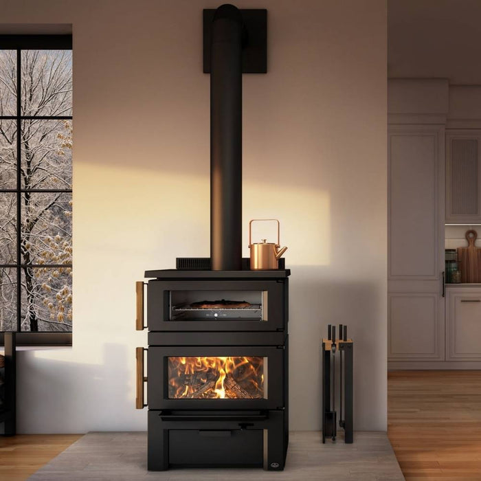 Osburn Gusto wood burning cookstove with black decorative molding