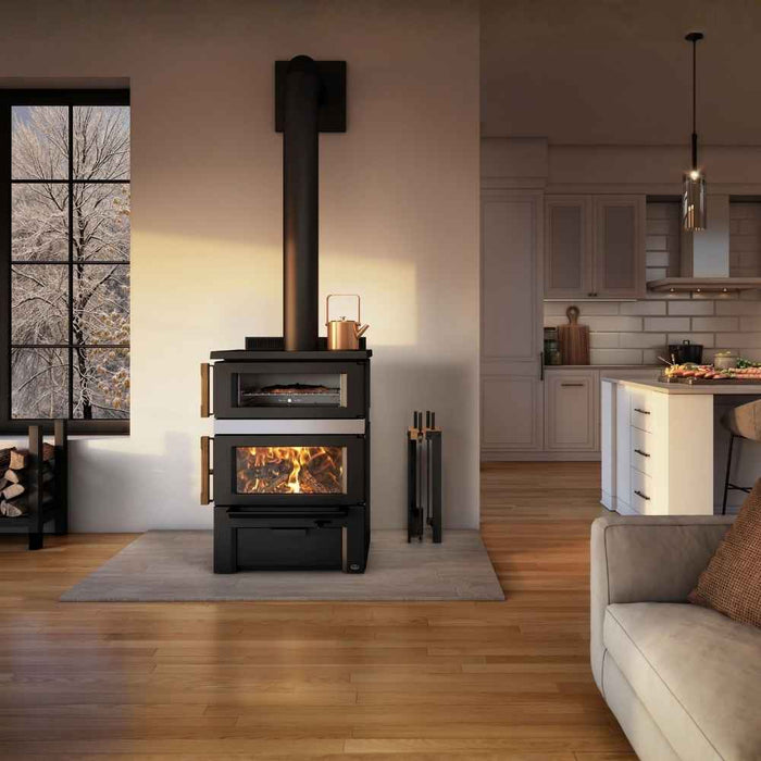 Osburn Gusto wood burning cookstove with brushed nickel decorative molding in a modern kitchen and living space.