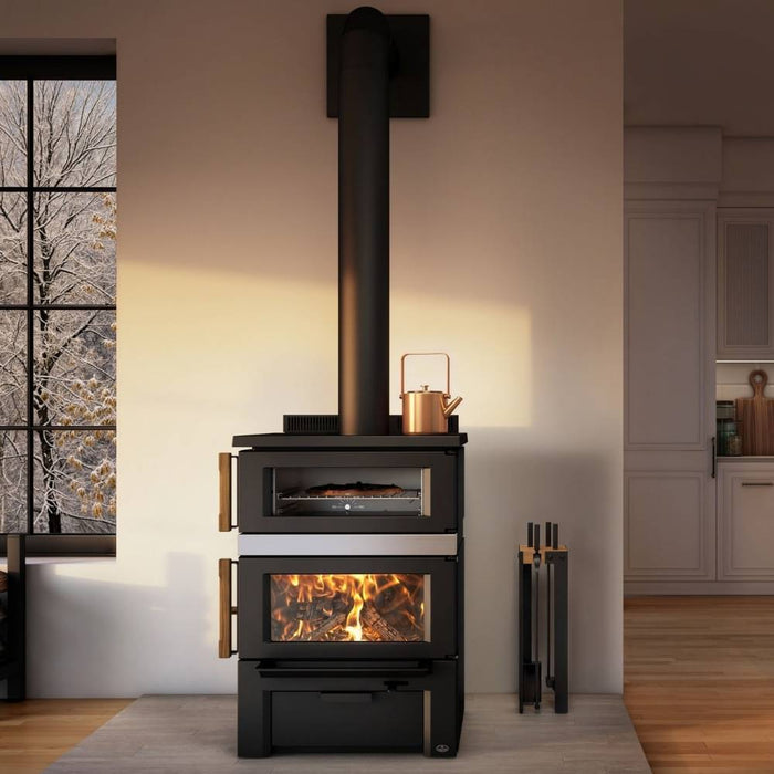 Osburn Gusto wood burning cookstove with brushed nickel decorative molding