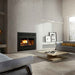 Osburn Horizon high efficiency wood burning fireplace with black Prairie style faceplate and classic moulded brick panels in a modern minimalist living room with grey concrete walls and near in the window view.