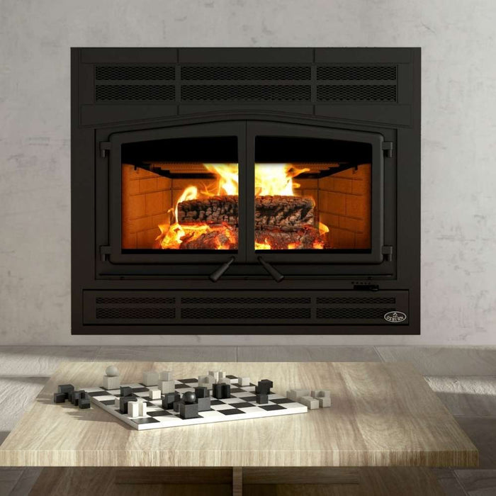 Osburn horizon high efficiency wood burning fireplace with prairie style faceplate and classic moulded brick panels