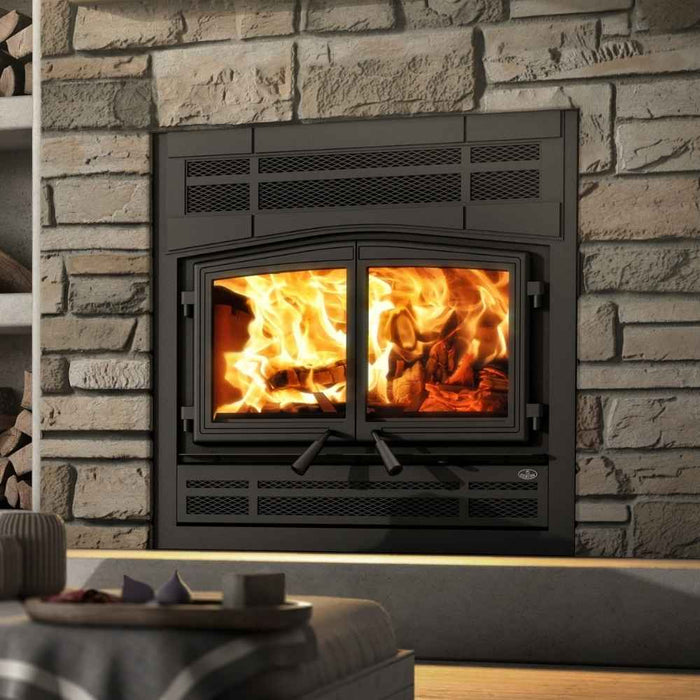 Osburn Stratford II high efficiency wood burning fireplace with modern faceplate and black door overlay