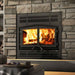 Osburn Stratford II high efficiency wood burning fireplace with modern faceplate and black door overlay