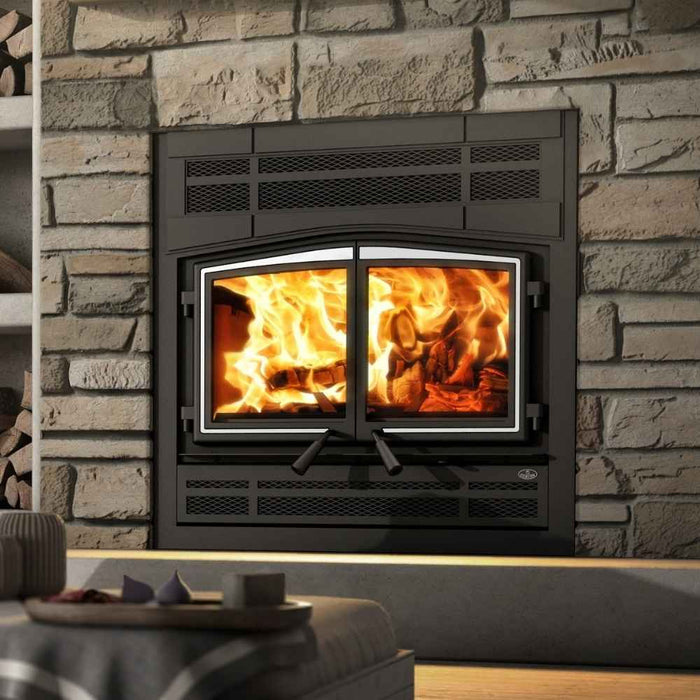 Osburn Stratford II high efficiency wood burning fireplace with modern faceplate and brushed nickel door overlay