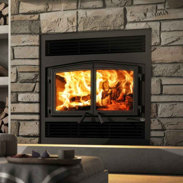 Osburn Stratford II high efficiency wood burning fireplace with traditional faceplate and black door overlay