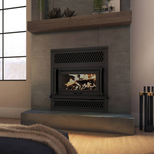 Valcourt Dallaire II High-Efficiency Wood-Burning Fireplace with VA18FL07 Black Square Faceplate and VA18L06 Classique Style Faceplate Louver