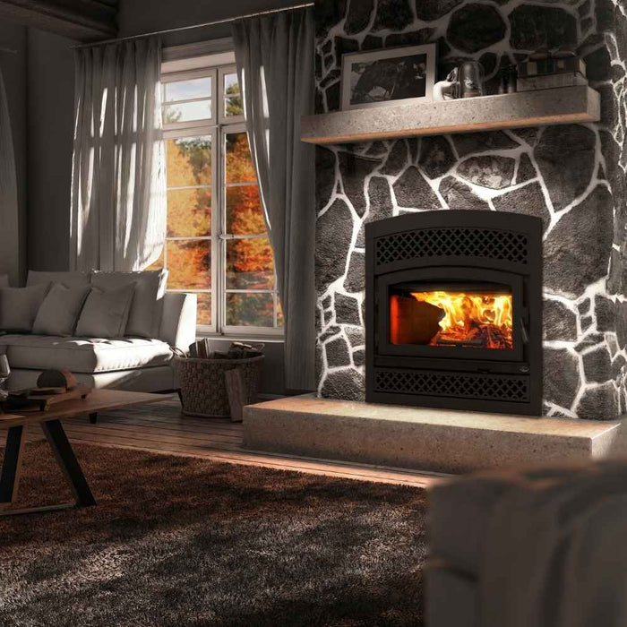 Valcourt Lafayette II high efficiency wood burning fireplace with black arched faceplate and arabesque style faceplate louver and black door overlay