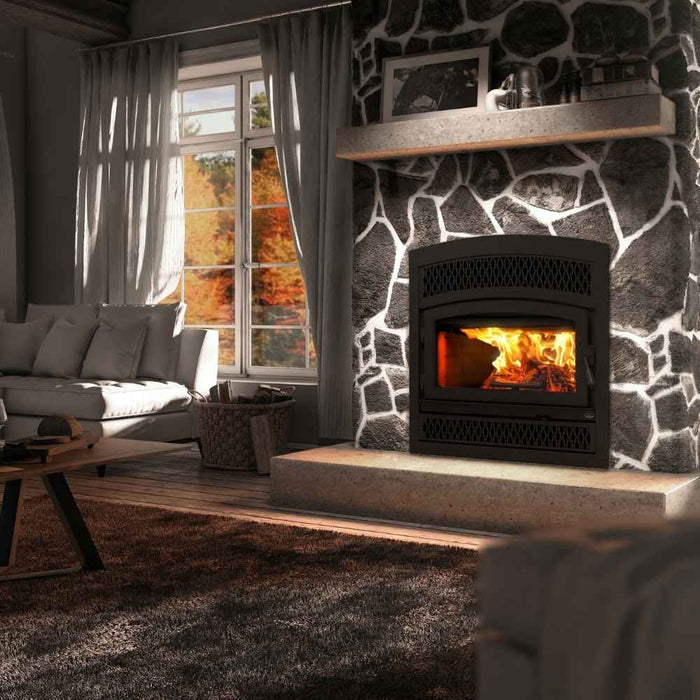 Valcourt Lafayette II high efficiency wood burning fireplace with black arched faceplate and classic style faceplate louver and black door overlay