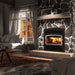 Valcourt Lafayette II high efficiency wood burning fireplace with black arched faceplate and classic style faceplate louver and brushed nickel door overlay