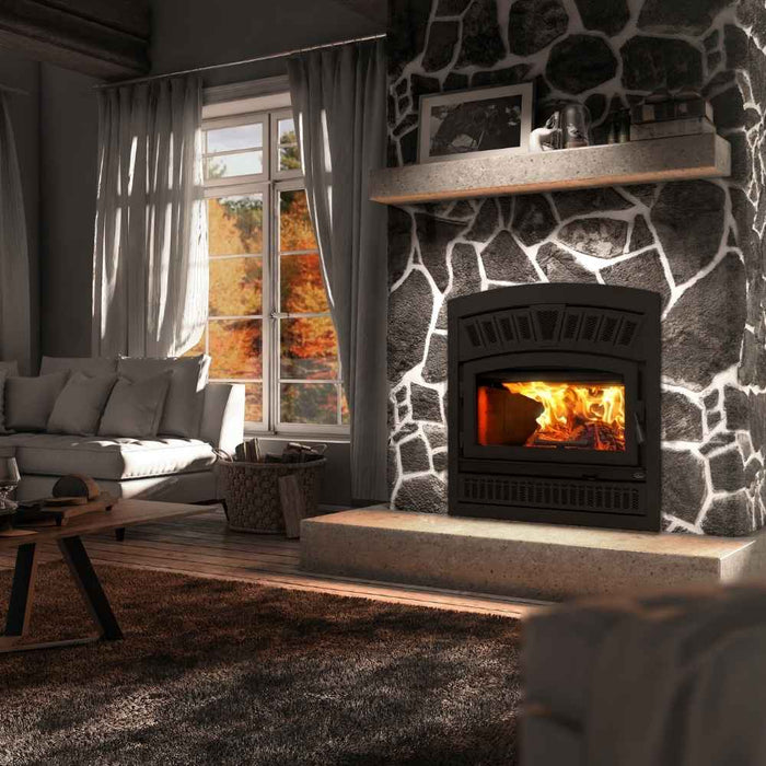 Valcourt Lafayette II high efficiency wood burning fireplace with black arched faceplate and crown style faceplate louver and black door overlay
