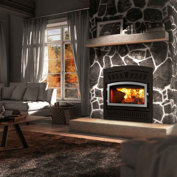 Valcourt Lafayette II high efficiency wood burning fireplace with black arched faceplate and crown style faceplate louver and brushed nickel door overlay