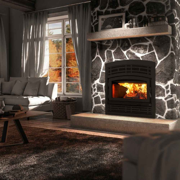 Valcourt Lafayette II high efficiency wood burning fireplace with black arched faceplate and mission style faceplate louver and black door overlay
