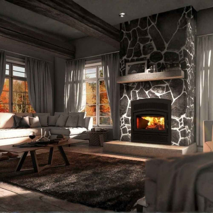 Valcourt Lafayette II High Efficiency Wood Burning Fireplace installed in a customized wall in livingroom