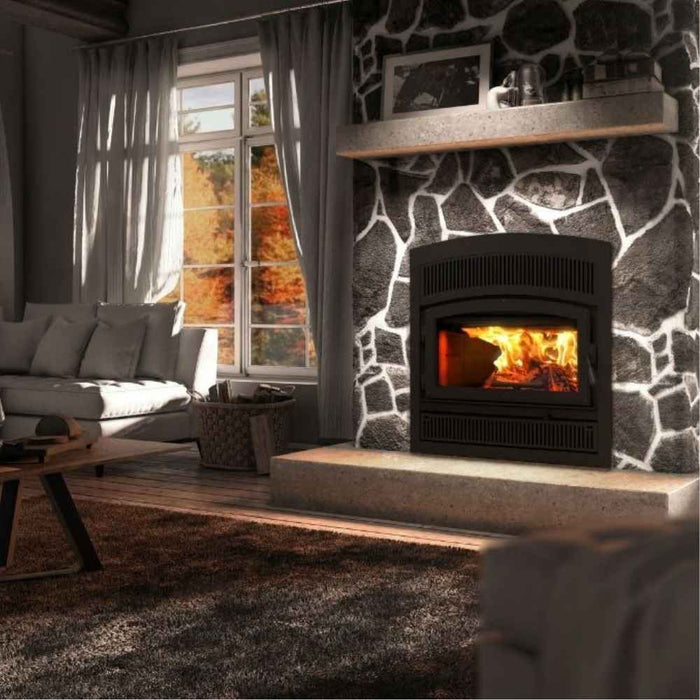 Valcourt Lafayette II high efficiency wood burning fireplace with black arched faceplate and urban style faceplate louver and black door overlay